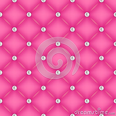 Seamless pink quilted background with pearl pins. Vector Illustration