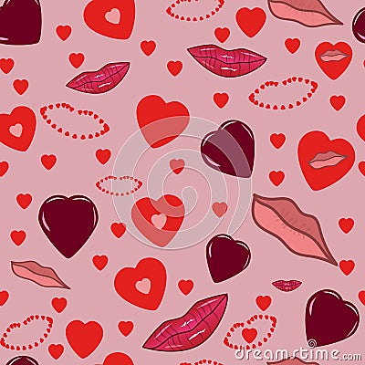 Seamless pink romantic background with hearts and lips Vector Illustration