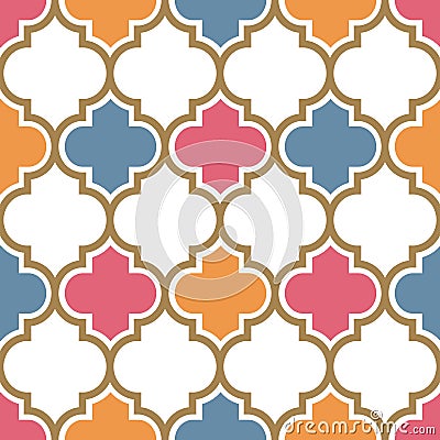 Vector moroccan repeat seamless pattern. Pink, yellow and blue with gold beige line on white background. Vector Illustration