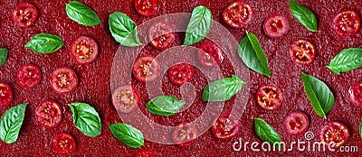 Seamless pizza ingredients pattern. Tomatoes and basil on a red tomato sauce. Flat lay Stock Photo