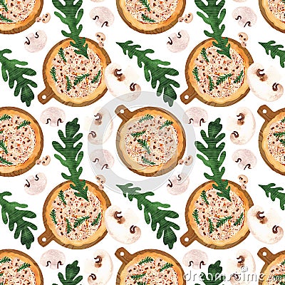Seamless pizza pattern with mushrooms and arugula. Watercolor illustration for menus, recipes, kitchen textiles, design Cartoon Illustration