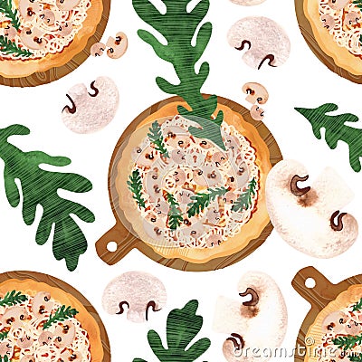 Seamless pizza pattern with mushrooms and arugula. Watercolor illustration for menus, recipes, kitchen textiles, design Cartoon Illustration