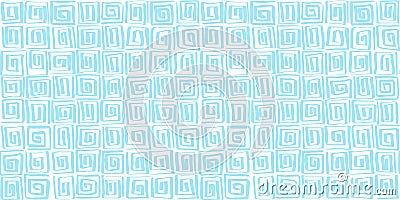 Seamless playful hand drawn light pastel blue Greek key spiral squares pattern Stock Photo