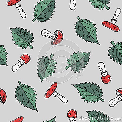 Seamless poisonous blody-red amanita mushrooms and green stinging nettle leaves print. Vector Illustration