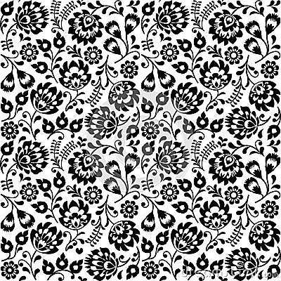 Seamless Polish folk art black floral pattern - wzory lowickie, wycinanki Vector Illustration