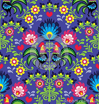 Seamless Polish Folk Art Pattern With Roosters - Wzory Lowickie ...