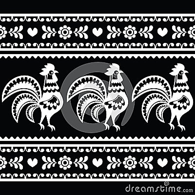 Seamless Polish monochrome folk art pattern with roosters Vector Illustration