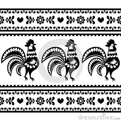 Seamless Polish monochrome folk art pattern with roosters - Wzory lowickie Stock Photo