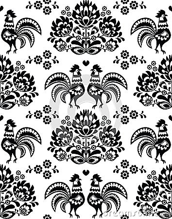 Seamless Polish, Slavic black folk art pattern with roosters - Wzory Lowickie, wycinanka Stock Photo