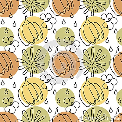 Seamless polka dot pattern. The contours of the pumpkin and flowers. The autumn theme Stock Photo