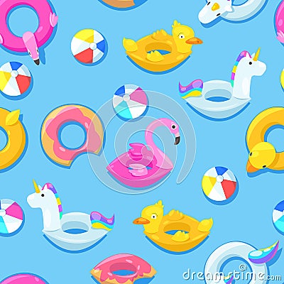 Seamless pool pattern. Unicorn, flamingo, duck, ball, donut cute floats in blue water. Vector illustration. Vector Illustration