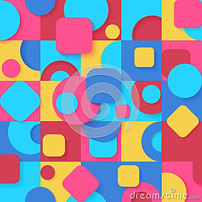 Seamless pop art colorful abstract Geometric shapes Pattern. Bright color various tiles decor wallpaper background. Vector Illustration