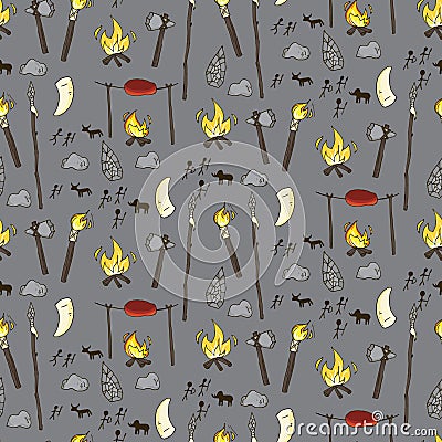 Seamless prehistorical pattern in cartoon style Cartoon Illustration