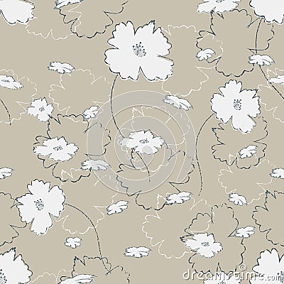 Seamless pretty pattern in cute white flowers on burlap fond. Floral print for textile, fabric manufacturing, wallpaper, covers, Vector Illustration