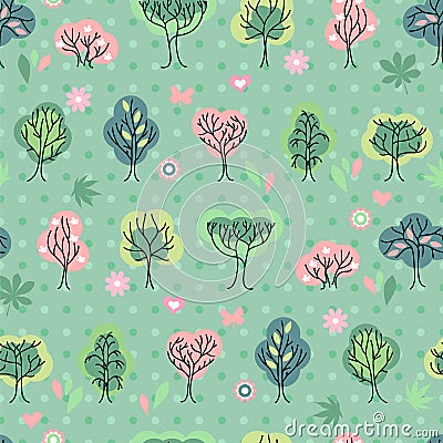 Seamless pretty pattern with stylized cute trees. Vector Illustration