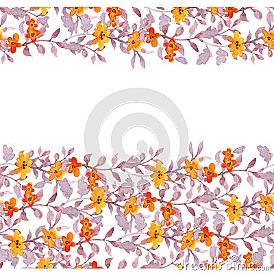 Seamless primitive floral banner frame. Cute flowers, ditsy leaves. Watercolour Stock Photo