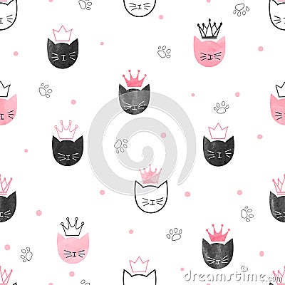 Seamless princess cats pattern. Vector Illustration