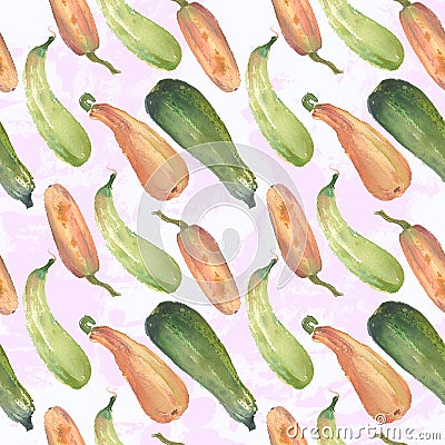Seamless pumpkin watercolor squash pattern with natural illustrations on the paper. Cartoon Illustration