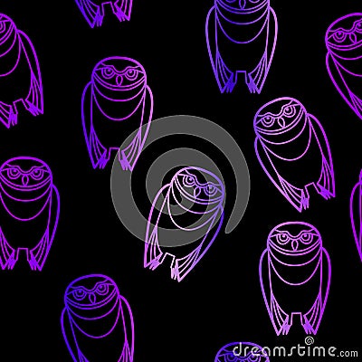 Seamless Purple Owls over Black Vector Illustration