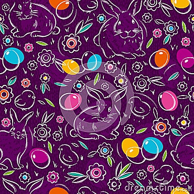 Seamless purple pattern with color easter eggs, rabbit, flowers Vector Illustration