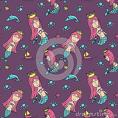 Seamless queen of mermaid pattern. Trendy violet purple children drawing style. Vector Illustration