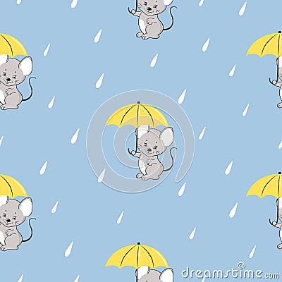 Seamless rain pattern with cute little mouse with umbrella Vector Illustration