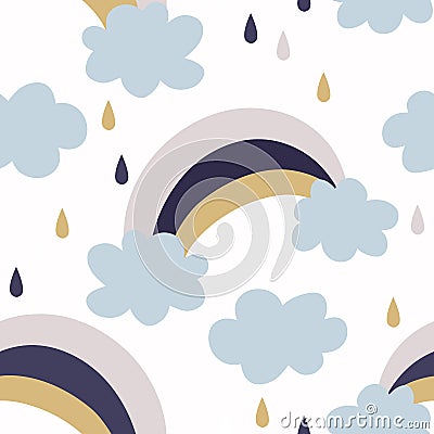 Seamless rainbows and clouds pattern vector background. Stock Photo