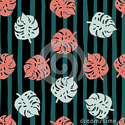 Seamless random doodle pattern with pink and light colored monstera ornament. Striped background Cartoon Illustration