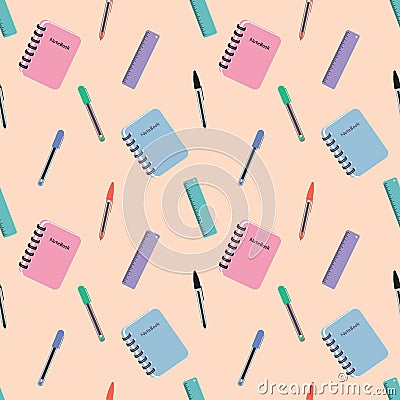A seamless random pattern of ballpen,ruler, and notebook on a cream background in a school object minimal concept, Vector Vector Illustration