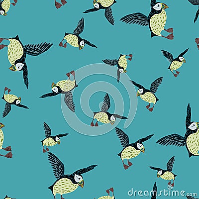 Seamless random pattern with cartoon kids style puffin bird shapes. Blue background. Arctic animal print Cartoon Illustration