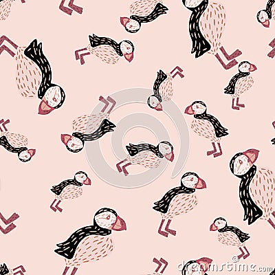 Seamless random pattern with doodle puffin bird hand drawn print. Pastel pink background. Doodle artwork Vector Illustration