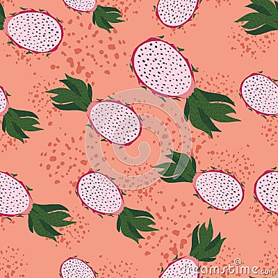 Seamless random pattern with pitahaya silhouettes. Coral pastel background with splashes Cartoon Illustration