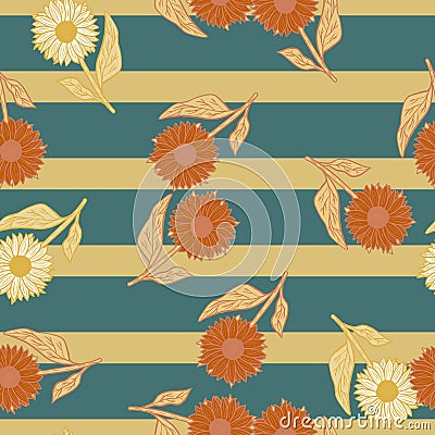 Seamless random pattern with summer field sunflowers silhouettes in orange tones. Blue striped background Vector Illustration