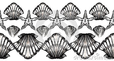 Seamless raster pattern with seashells and starfish in monochrome color. Watercolor texture. Nautical border. Stock Photo