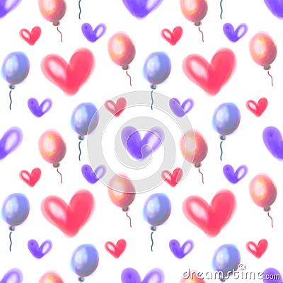 Seamless raster pattern. Watercolor background with hand drawn air balloons and hearts. Stock Photo