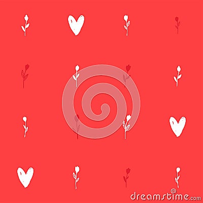 Seamless red background with hearts in flowers Vector Illustration