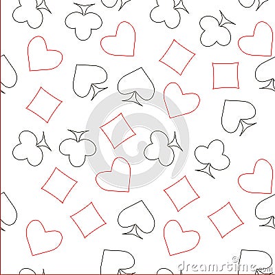 Seamless red and black outline spades hearts, diamonds, clubs, poker, cards symbols on white pattern Vector Illustration