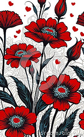 seamless red flowers on a white background. Beautiful multicolor background texture in floral style, Cartoon Illustration