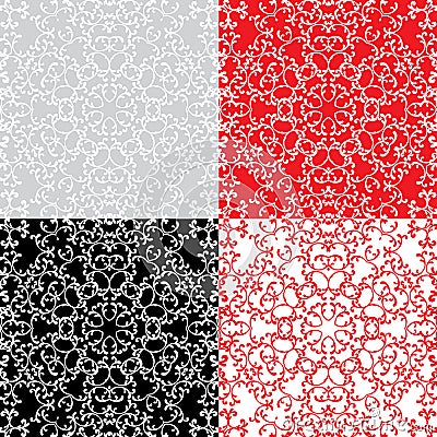 Seamless red, grey color and black and white floral patterns. Or Vector Illustration