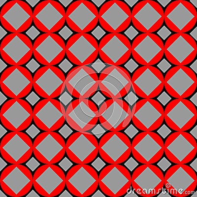 Seamless red and grey vector graphic of rows and columns of grey squares withing red circles Vector Illustration