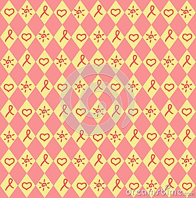 Seamless. Red Heart, sun and ribbon from rombuses. Vector Illustration