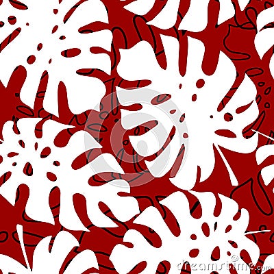 seamless red and white pattern of tropical leaves contours, texture Stock Photo