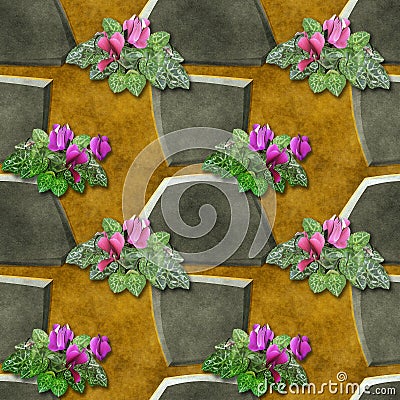 Seamless relief pattern of gray stones and pink flowers Stock Photo
