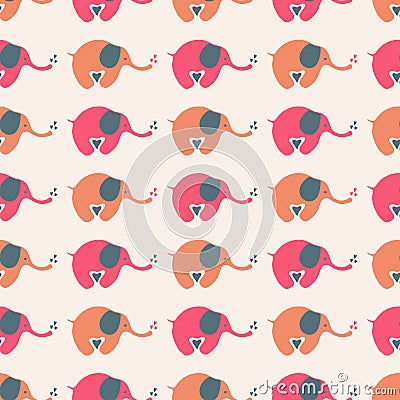 Seamless repeat pattern of baby elephants and hearts in cream, red and orange. Happy animal geometric vector design Vector Illustration