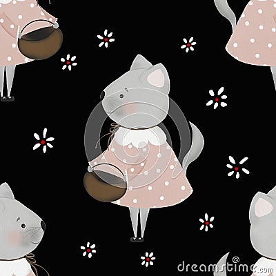 seamless repeat pattern cute kitty and flowers. minimalism in retro style. used for children's testing, printing Stock Photo