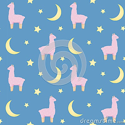 Seamless repeat pattern with cute pink fluffy llamas or alpacas on blue background Vector Illustration