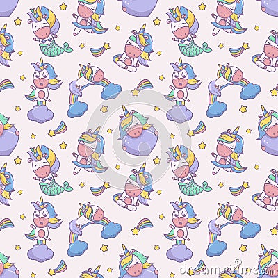 Seamless repeat pattern with fabulous unicorns. Use for children s wallpaper, fabric, wrapping paper. Animals do yoga Vector Illustration