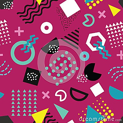 Trendy Memphis style seamless pattern with playful geometric shapes on purple background Vector Illustration