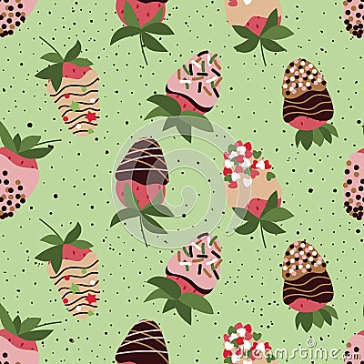 Seamless repeat pattern with strawberry in chocolate, glaze, sprinkle on green background. Vector, flat Vector Illustration