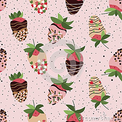 Seamless repeat pattern with strawberry in chocolate, glaze, sprinkle on pink background. Vector, flat Vector Illustration